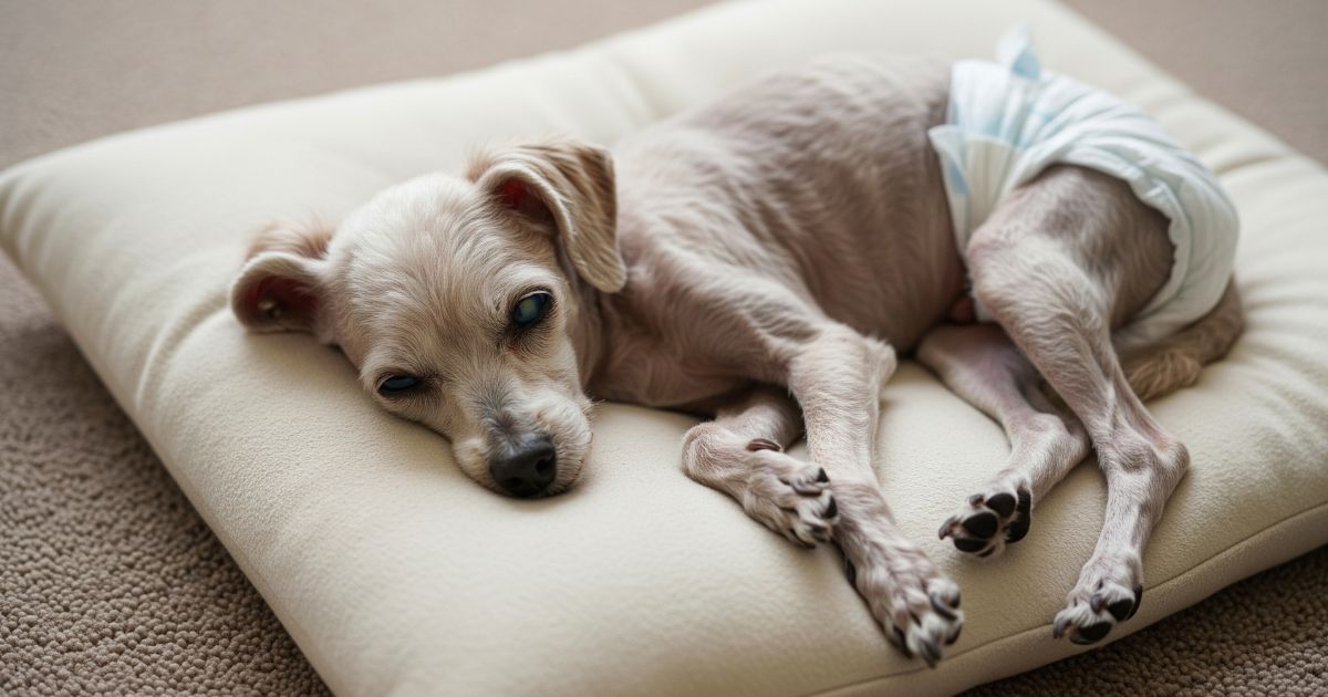オムツを履いて寝ている老犬