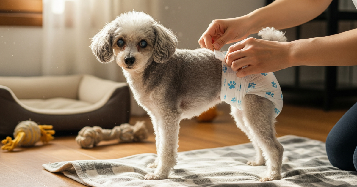 老犬にオムツを履かせる画像